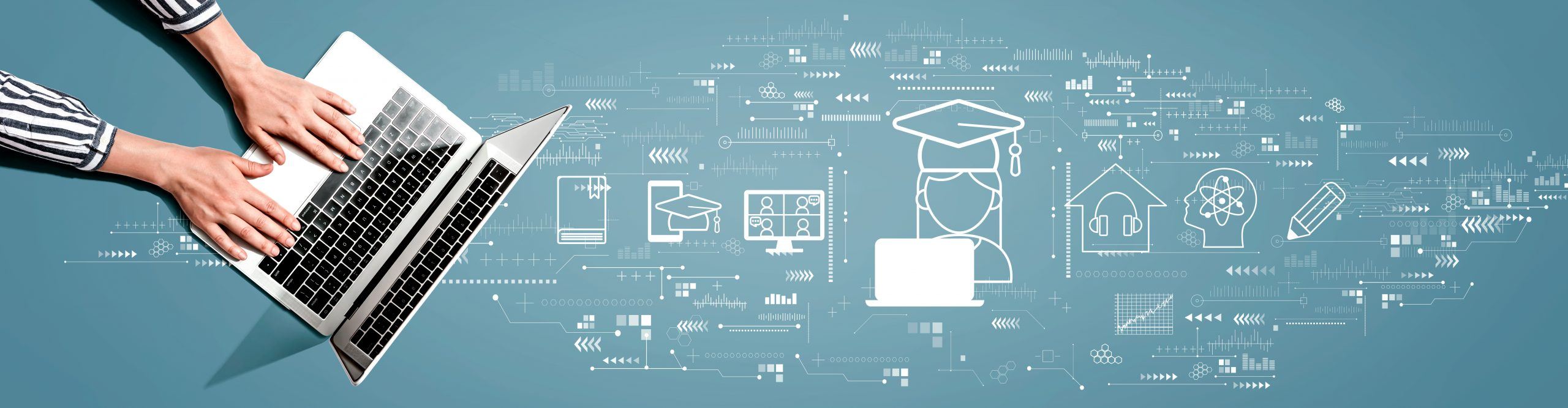 Laptop with online education symbols